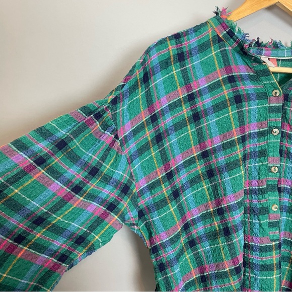 Anthropologie‎ Pilcro Cropped Puff-Sleeve Blouse Green Plaid Large Relaxed Fit - Picture 10 of 16